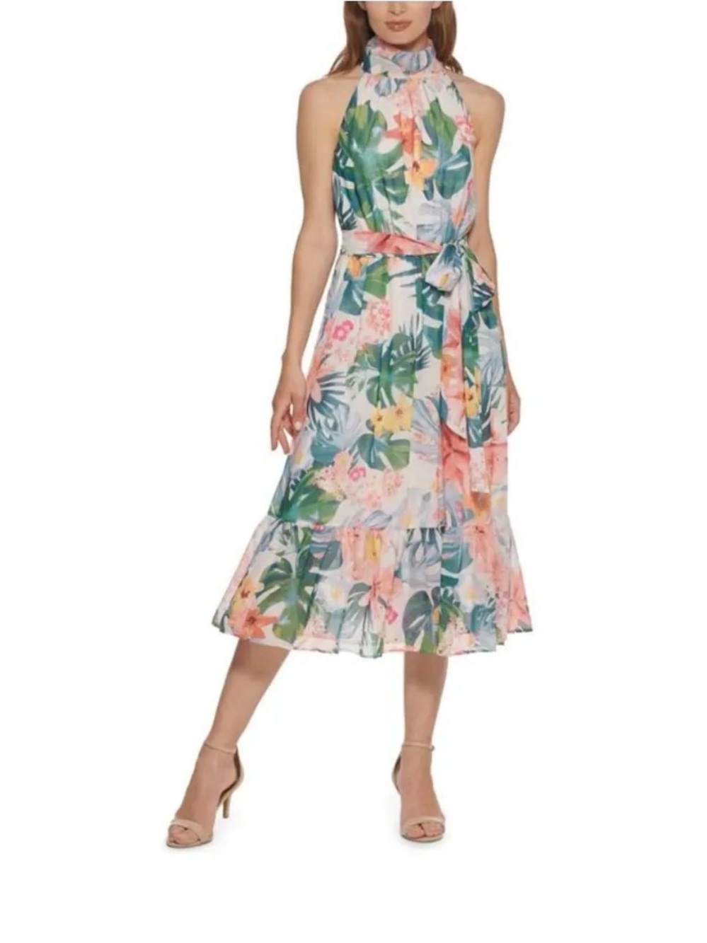Eliza J Tropical Floral Halter Midi Dress Tie Waist Ruffle Hem Size 10 Wedding